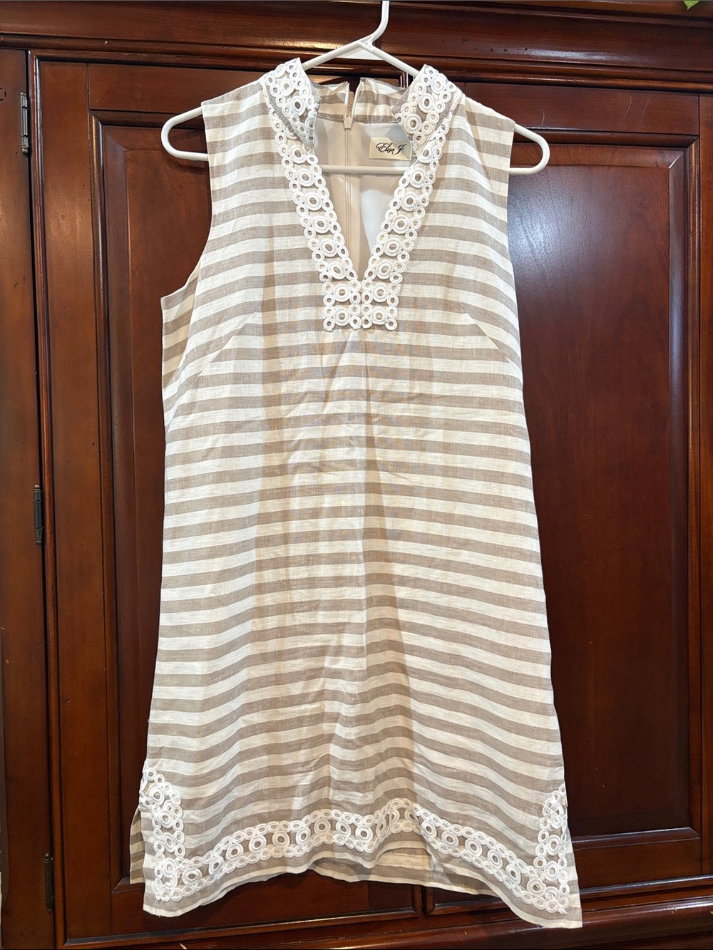 Eliza J Beige and White Striped Lace-Trim Sundress